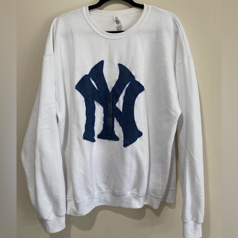 NY Denim Emblem on White Jerzees Sweatshirt, Size XL